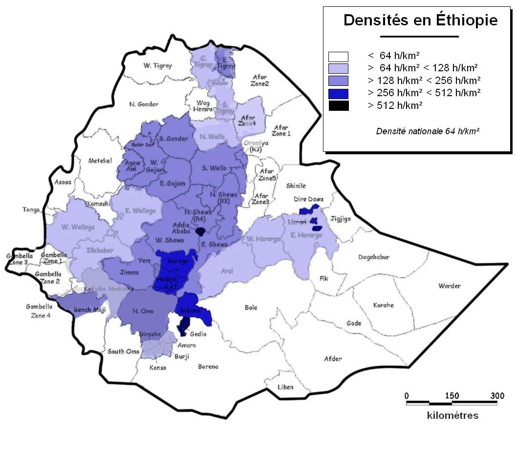 Etiopia befolkningstetthet kart