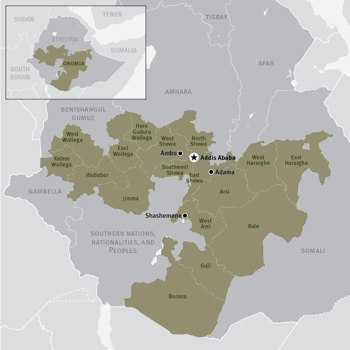 kart over oromia-regionen i Etiopia