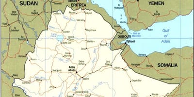 Kart over Etiopia og omkringliggende land
